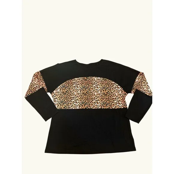 Color Block Pullover Blouse Leopard Print Tunic Raglan Long Sleeve Casual Loose - Picture 7 of 9